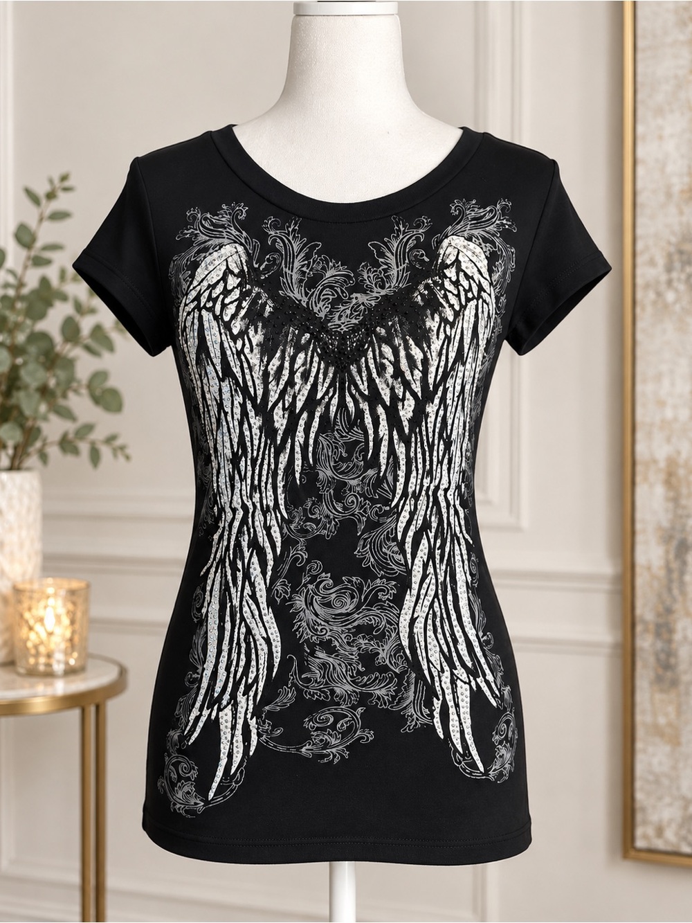 Ellie Rose Rhinestone Angel Wing Graphic Tee Small Y2K Rocker Goth
